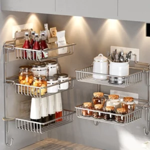 Stainless Steel Wall Mounted Spice Rack Foldable No Drill Kitchen Organizer Space-Saving Shelf for Pantry Bathroom Countertop - Image 1