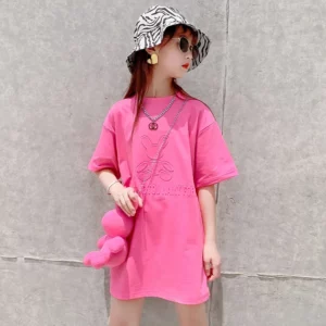 Dress Girls T-shirt Casual Cartoon Solid Summer New Short Sleeve Long T-shirt Loose Fashion Children's Clothing Mid-length Tops - Image 4