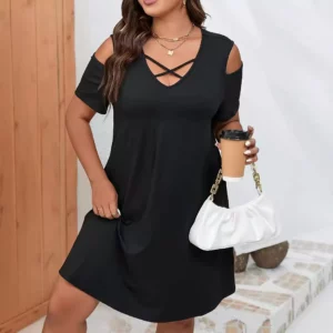 Fashion Plus Size Women Dresses Summer Off Shoulder Short Sleeve Loose Mini Dress Casual Cross V-Neck Striped Print Short Dress - Image 3