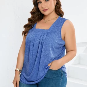 GIBSIE Plus Size Square Neck Pleat Front Solid Tank Top Women Casual Summer Fashion Loose Sleeveless Basic Tops For Women 2024 - Image 4