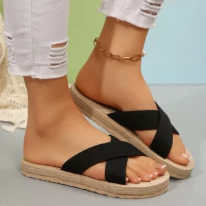 2024 Women Slippers New Minimalist Cross Band Sandals Trend Beach Hemp Rope Slippers Espadrille Outdoor Shoes Home Slides Women - Image 6