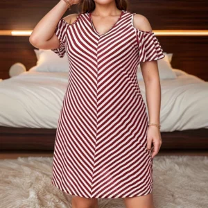 Fashion Plus Size Women Dresses Summer Off Shoulder Short Sleeve Loose Mini Dress Casual Cross V-Neck Striped Print Short Dress - Image 1