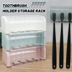 Bathroom Wallmount Toothbrush Holder with Cover 5 Slots Without Drilling Home Bathroom Self Adhered Toothbrush Storage Racks - Image 2