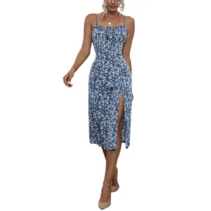 Women's Clothing Summer 2024 Trend Floral Dress, Flower Print Spaghetti Strap Sleeveless with High Slit for Ladies - Image 5