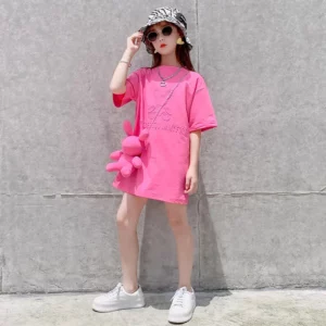 Dress Girls T-shirt Casual Cartoon Solid Summer New Short Sleeve Long T-shirt Loose Fashion Children's Clothing Mid-length Tops - Image 5