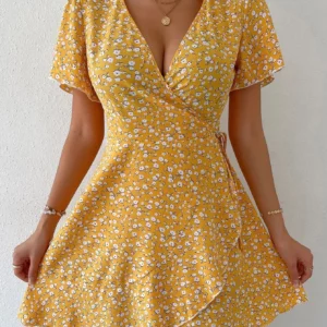 Women Sexy Printed A Line Dress Summer Bohemian V-Neck Short Sleeved Mini Dresses - Image 2