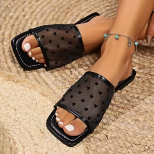 Casual Beach Slides Hollow Breathable Mesh Female Slippers Women's Square Toe Slippers Summer Flat Bottom Fashion Outwear - Image 3