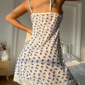 Sexy Blue Floral Printed Women Pajama Lace Backless Camisole Nightdress Home Pajamas for Summer Dress - Image 5