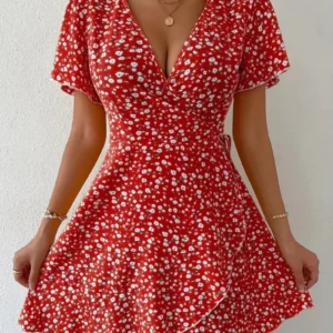 Women Sexy Printed A Line Dress Summer Bohemian V-Neck Short Sleeved Mini Dresses - Image 1