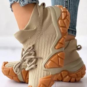 Sneakers Women's Colorblock Breathable Lace-up Platform Casual Sneakers Women Vulcanized Shoes Platform Mesh Knit Lace-Up - Image 1