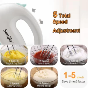 Hand Mixer with Full Copper Motor, 5 Speed Adjustment, 2 Beaters, 2 Whisks and Dough Hooks, Easy to Clean, Removable Accessories - Image 3