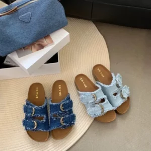 New Fashion Denim Belt Buckle Thick Sole Outside Wear 2024 Summer Flat Flip-flops Women - Image 3