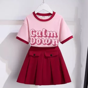 2025 NEW summer Teenager Girls Cloth short sleeve letters striped T Shirt + cargo skirt dress children set 6 7 8 9 10 11 12 year - Image 3