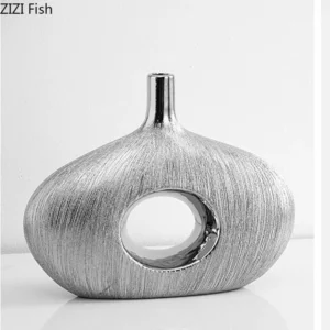 Brushed Silver Plated Ceramic Vase Desk Decoration Artificial Flower Decorative Flowers Arrangement Vases Room Aesthetic Decor - Image 2