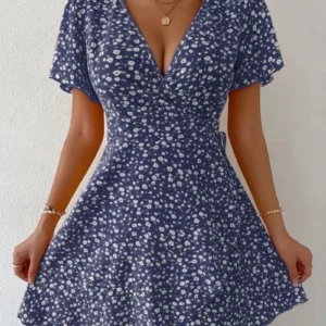 Women Sexy Printed A Line Dress Summer Bohemian V-Neck Short Sleeved Mini Dresses - Image 5