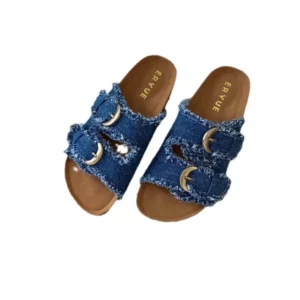 New Fashion Denim Belt Buckle Thick Sole Outside Wear 2024 Summer Flat Flip-flops Women - Image 5