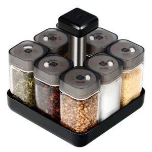 9 Pcs Set 360 Rotating Kitchen Spice Jar Pepper Sugar Glass Bottle Salt Sealed Container Seasoning Box with Storage Rack - Image 4