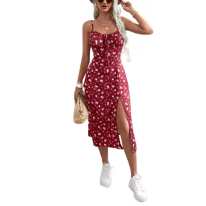 Women's Clothing Summer 2024 Trend Floral Dress, Flower Print Spaghetti Strap Sleeveless with High Slit for Ladies - Image 4