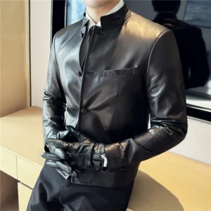 Autumn Chinese Style Stand Up Collar Leather Jacket Men's Motorcycle Jackets High-end Casual Business Short PU Leather Coats - Image 4