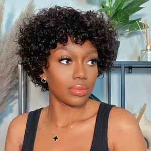 Short Pixie Afro Kinky Curly Wig Natural Brown Bob Wig with Bangs Brazilian Remy Human Hair Wigs Jerry Curly For Women - Image 2