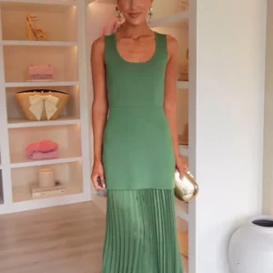 TRAFZA 2025 Woman Splicing Pleated Decoration Slim Fashion Vacation Style Dress Women Summer Sleeveless O-Neck Green Dresses - Image 2