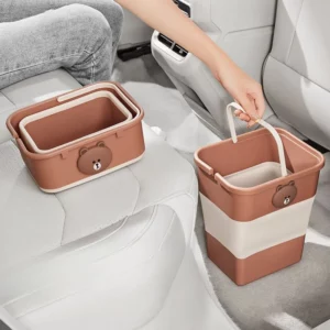 Cartoon Bear Car Trash Can Storage Basket with Handles Foldable Car Organizer Box Sundries Bucket Waste Container - Image 1