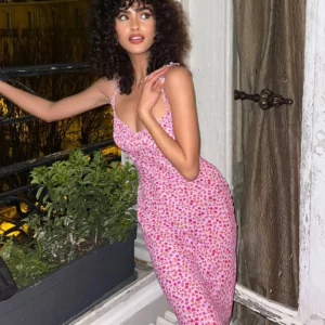 Women's New 2025 Summer Sexy Bohemian Vacation Style Small Floral Strap Swing long Dress - Image 2