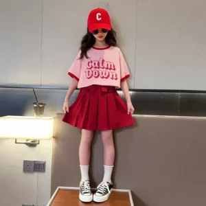2025 NEW summer Teenager Girls Cloth short sleeve letters striped T Shirt + cargo skirt dress children set 6 7 8 9 10 11 12 year - Image 5