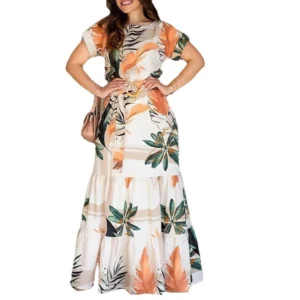 High Waist Floral Flower Printed Casual Fashion Loose Women Long Maxi Dress Short Sleeve Belt Dress - Image 5