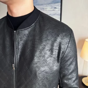 Faux Leather Plaid Jackets For Men Autumn Winter Stand Collar Long Sleeve Men's Casual Bomber Jacket PU Leather Slim Fit Coats - Image 4