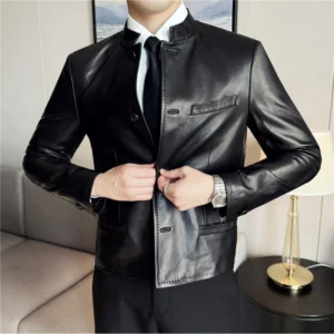 Autumn Chinese Style Stand Up Collar Leather Jacket Men's Motorcycle Jackets High-end Casual Business Short PU Leather Coats - Image 5