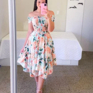 Dresses Summer Ladies Sexy Off Shoulder Flower Print Dress Elegant Short Sleeve Elastic Irregular Casual Dress Vestido De Mujer - Image 1