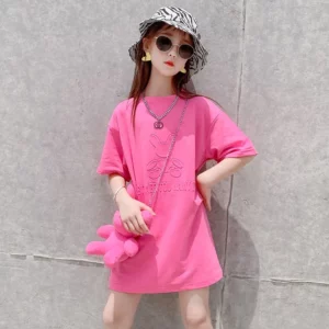 Dress Girls T-shirt Casual Cartoon Solid Summer New Short Sleeve Long T-shirt Loose Fashion Children's Clothing Mid-length Tops - Image 3
