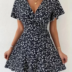 Women Sexy Printed A Line Dress Summer Bohemian V-Neck Short Sleeved Mini Dresses - Image 6