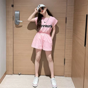 2024 Girls' Summer Suit New spring Child Clothes Short-Sleeved Shorts Sports letters t shirt + half pants Teen Tracksuits Kids - Image 4