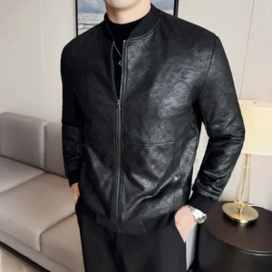 Faux Leather Plaid Jackets For Men Autumn Winter Stand Collar Long Sleeve Men's Casual Bomber Jacket PU Leather Slim Fit Coats - Image 2