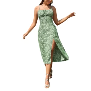 Women's Clothing Summer 2024 Trend Floral Dress, Flower Print Spaghetti Strap Sleeveless with High Slit for Ladies - Image 3
