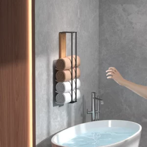Towel storage rack, wooden board wall mountedmetal bathroom towel rack, bathroom towel rack - Image 4
