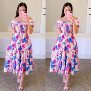 Elegant Women's Off Shoulder Midi Dress 2024 Summer Fashion dresses High Waist Flower Print Short Sleeve Dress Robe Clothing - Image 1