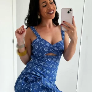 TRAFZA Summer New Fashion Woman Dresses Blue Sleeveless Backless Hollow Out Embroidery Zipper Female Beach Style Mini Dress - Image 5