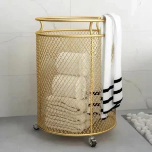 Metal Wheel Basket Gold Color Dirty Clothes Storage Handle Laundry Basket with Wheels Home Creative Organizer for Clothes Toys - Image 1