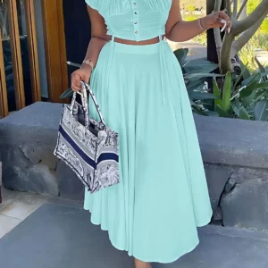 Women's Casual two-piece Summer Solid Off Shoulder Crop Top and Long SkirtSet -Stylish Elegant Vestidos - Image 5