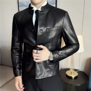 Autumn Chinese Style Stand Up Collar Leather Jacket Men's Motorcycle Jackets High-end Casual Business Short PU Leather Coats - Image 3