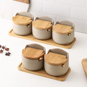 Ceramic Seasoning Jars with Wooden Lid Salt Shakers Kitchen Supplies White Spice Organizer Canister Spoon Set White Sugar Box - Image 2