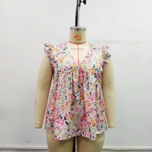 GIBSIE Plus Size Floral Print Ruffle Sleeve Blouse Women Summer Boho Fashion Tops V Neck Loose Casual Holiday Blouses 2024 New - Image 2