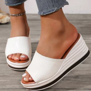 White PU Leather Wedge Heel Slippers Women Plus Size Fashion Peep Toe Platform Sandals Woman 2025 Summer Thick Sole Beach Slides - Image 3