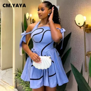CM.YAYA Summer Women Bowknot Shoulder Halter Neck Geometric Striped Big Swing Dress Streetwear Night Club Party Dresses Vestidos - Image 2