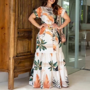 High Waist Floral Flower Printed Casual Fashion Loose Women Long Maxi Dress Short Sleeve Belt Dress - Image 1