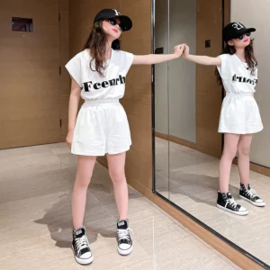 2024 Girls' Summer Suit New spring Child Clothes Short-Sleeved Shorts Sports letters t shirt + half pants Teen Tracksuits Kids - Image 6