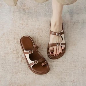Net Brown Set Toe Slippers Women Wear 2024 Summer Ladies Belt Buckle Soft Leather Soft Sole Shoes Non-slip Flat Roman Sandals - Image 1